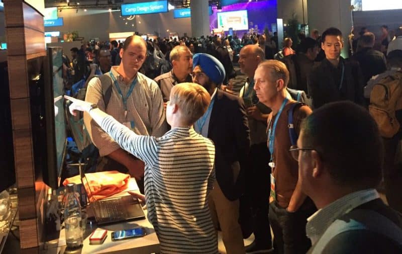 A crowd gathered in the Nintex booth in the DevZone to see demos of Nintex Workflow Cloud.