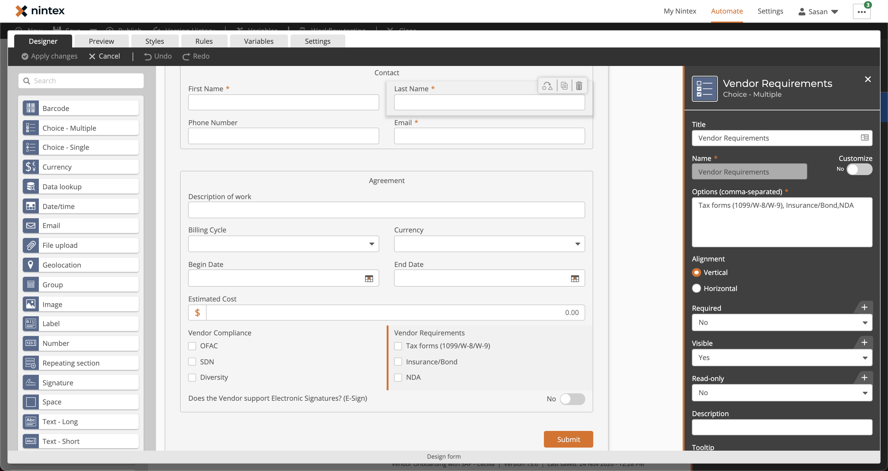 Picture of nintex website form for basic info