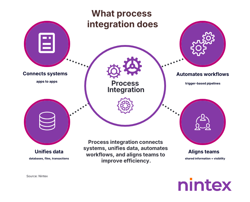 Infographic titled 'What process integration does' showing a central circle labeled Process Integration connected to four benefits: connects systems, unifies data, automates workflows, and aligns teams.