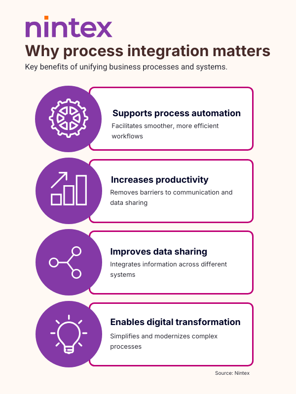 Why Process Integration Matters' displaying four key benefits of unifying business processes and systems. Includes: supports process automation for smoother workflows, increases productivity by removing communication barriers, improves data sharing across systems, and enables digital transformation by modernizing processes.