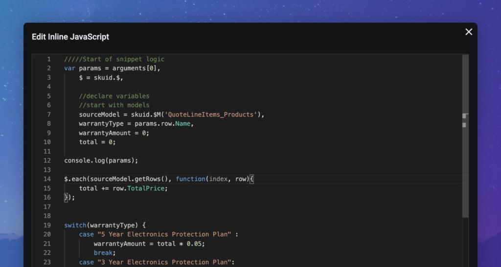 A screenshot of Skuid's Monaco Editor.
