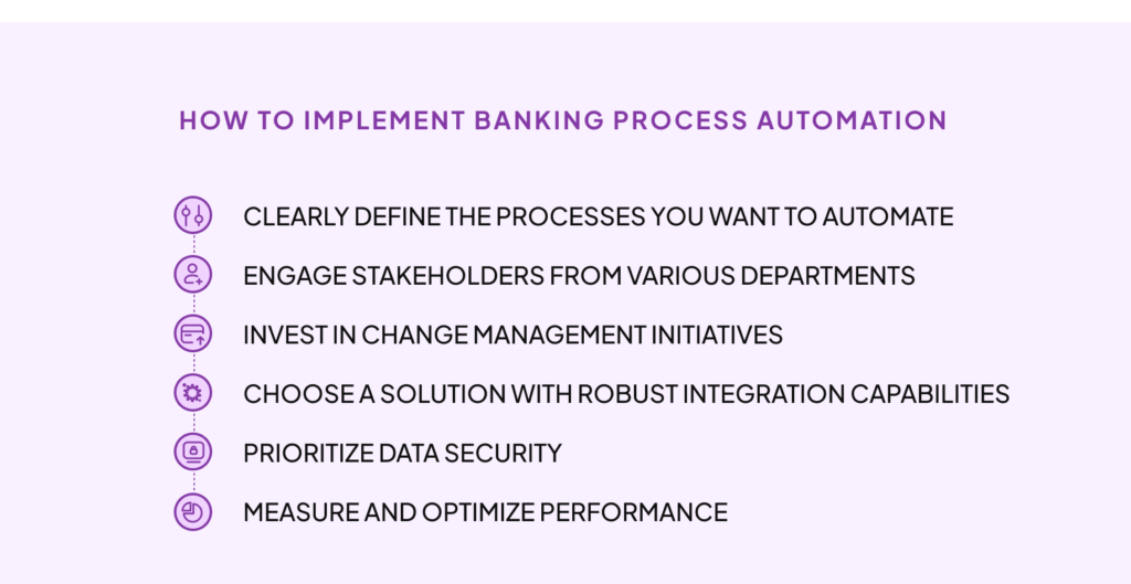 How to implement banking process automation: 1. Clearly define the processes you want to automate 2. Engage stakeholders from various departments 3. Invest in change management initiatives 4. Choose a solution with robust integration capabilities 5. Prioritize data security 6. Measure and optimize performance 