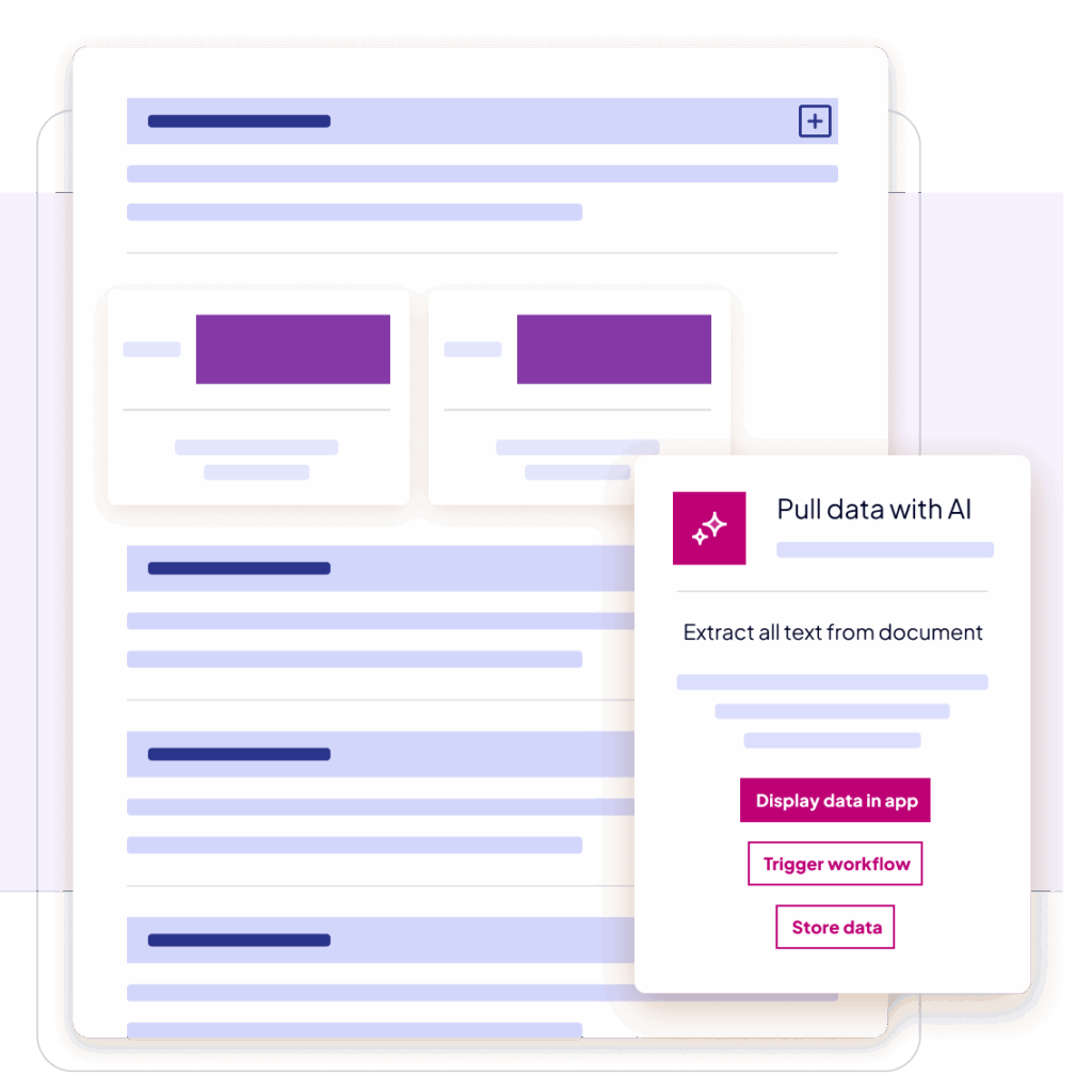 Illustration of Nintex Document Generation using AI to extract text from documents, display data in apps, trigger workflows, and store data automatically.