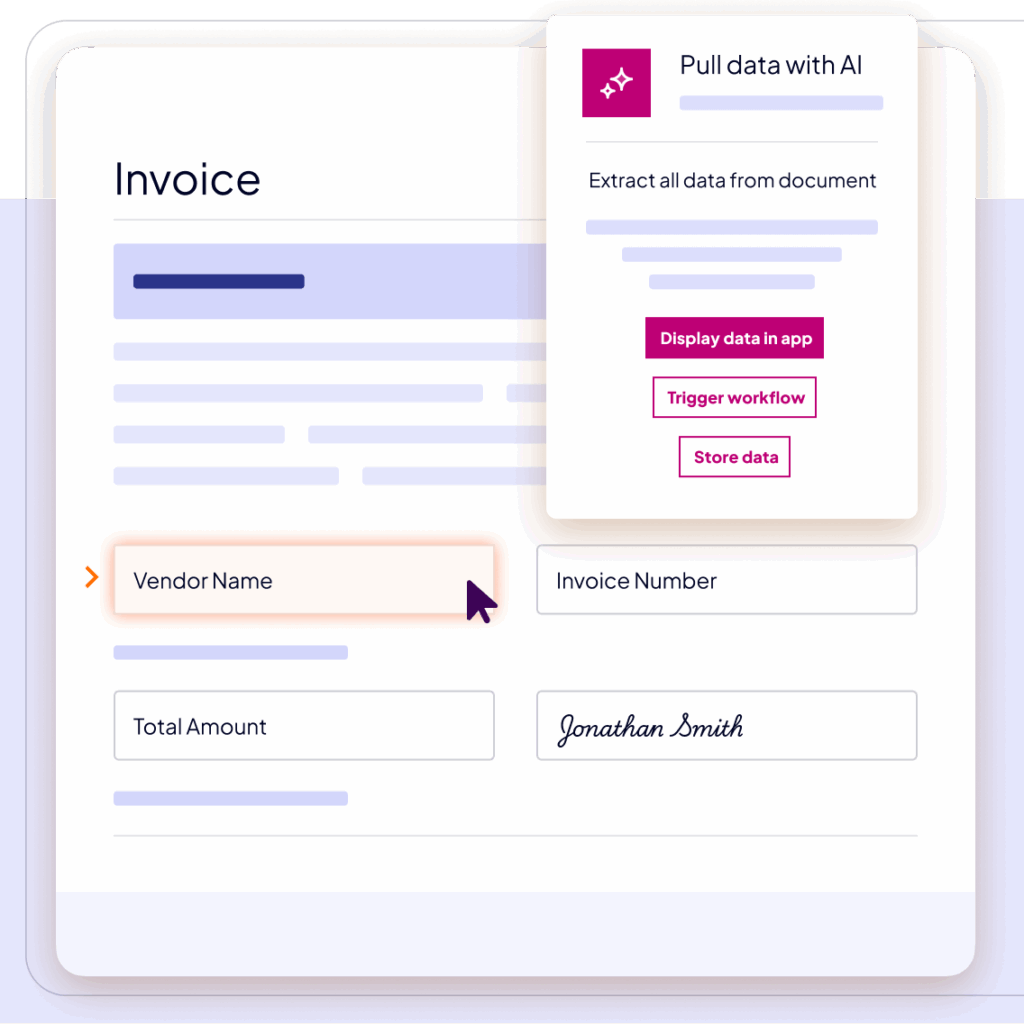 Illustration of Nintex Document Generation using AI to extract invoice data such as vendor name, invoice number, and total amount to trigger workflows and store information automatically.