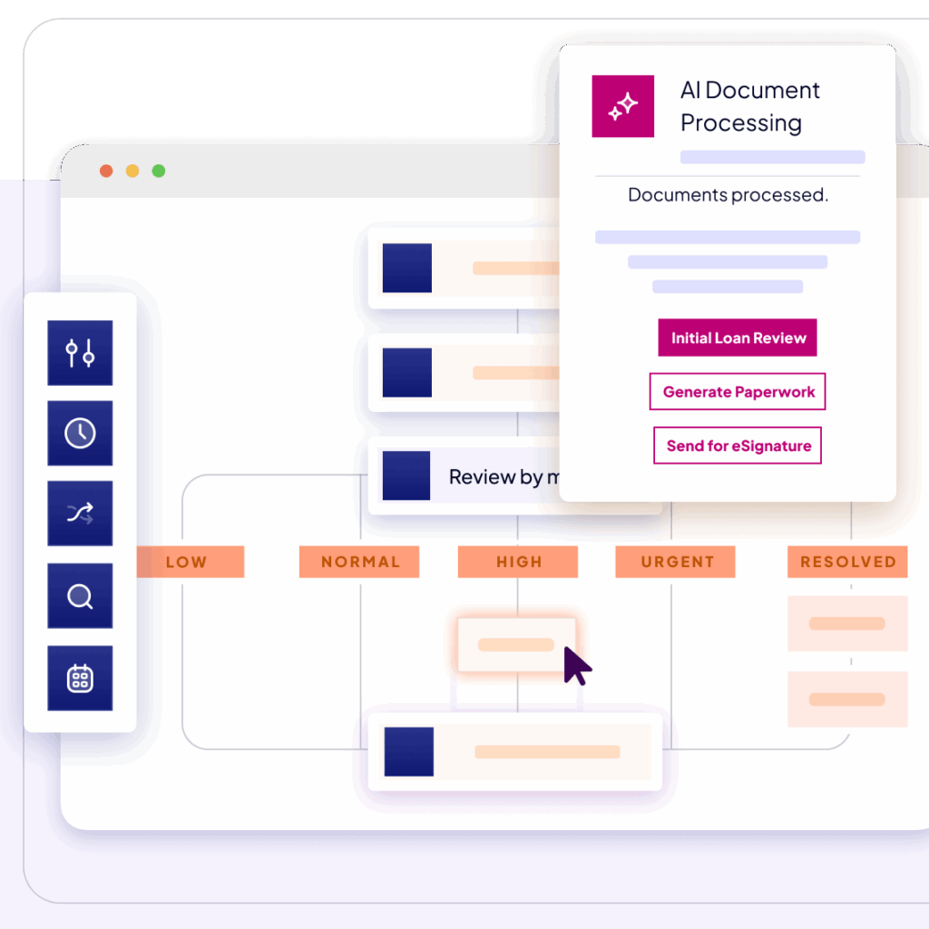 Illustration of Nintex AI Document Processing, showing automated document workflows that classify review priority, trigger loan reviews, generate paperwork, and send documents for eSignature.