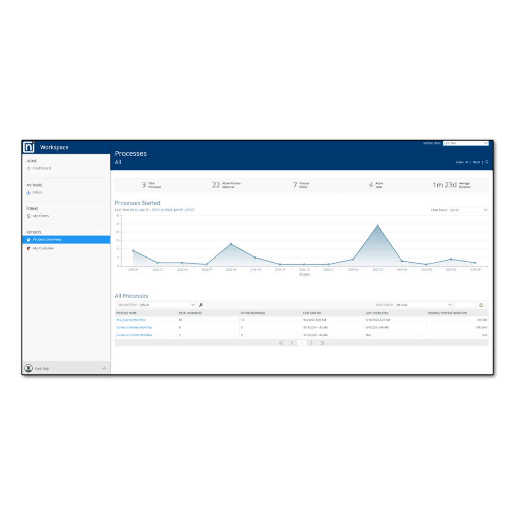 Screenshot of K2's user interface: Workspace process overview report