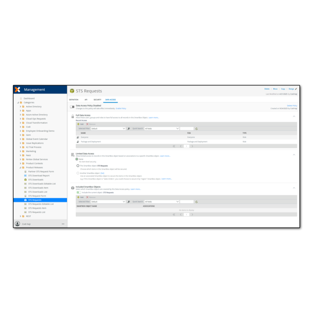 Screenshot of K2's user interface: Management data access policies.