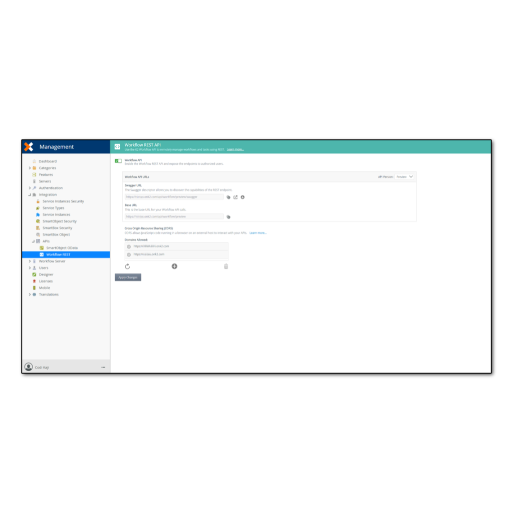 Screenshot of K2's user interface: Management REST API.
