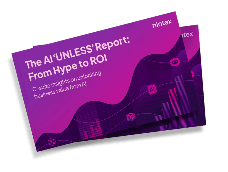 Illustration of the cover of "The AI 'UNLESS' Report: From Hype to ROI. C-Suite insights for unlocking business value from AI.
