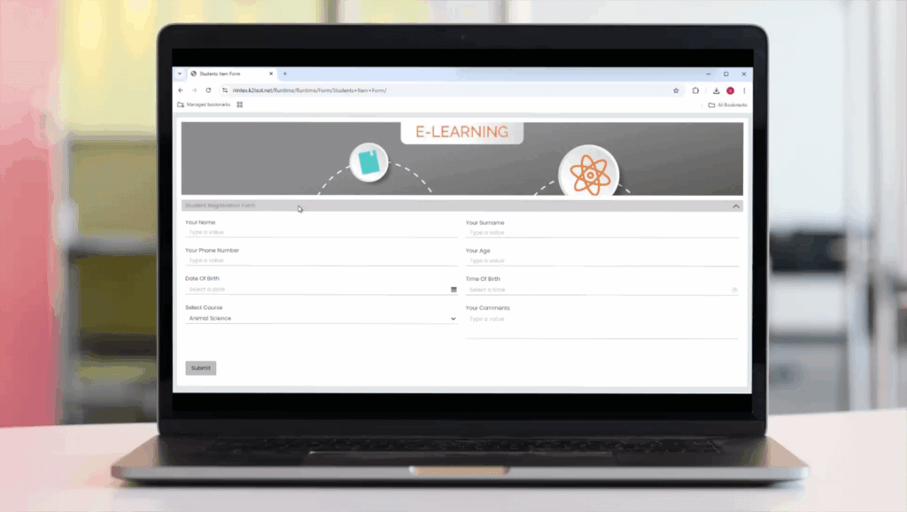 Image of a laptop showing a sign-up screen for an e-learning application.