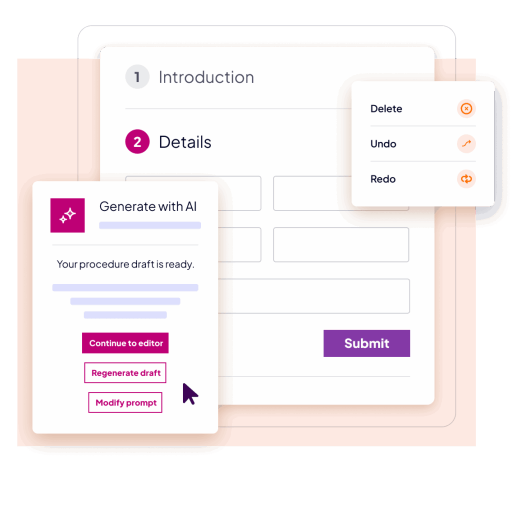 AI-powered workflow form builder interface showing automated procedure generation, draft editing options, and submit workflow functionality