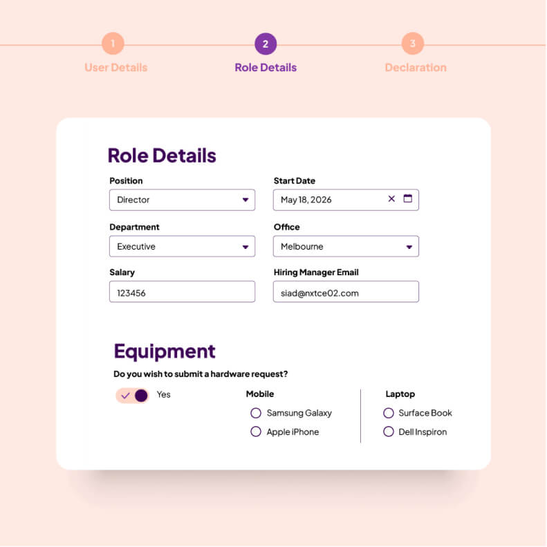 Illustration showing automated employee onboarding form collecting role information, hiring details, and IT equipment requirements to streamline new hire onboarding and provisioning.